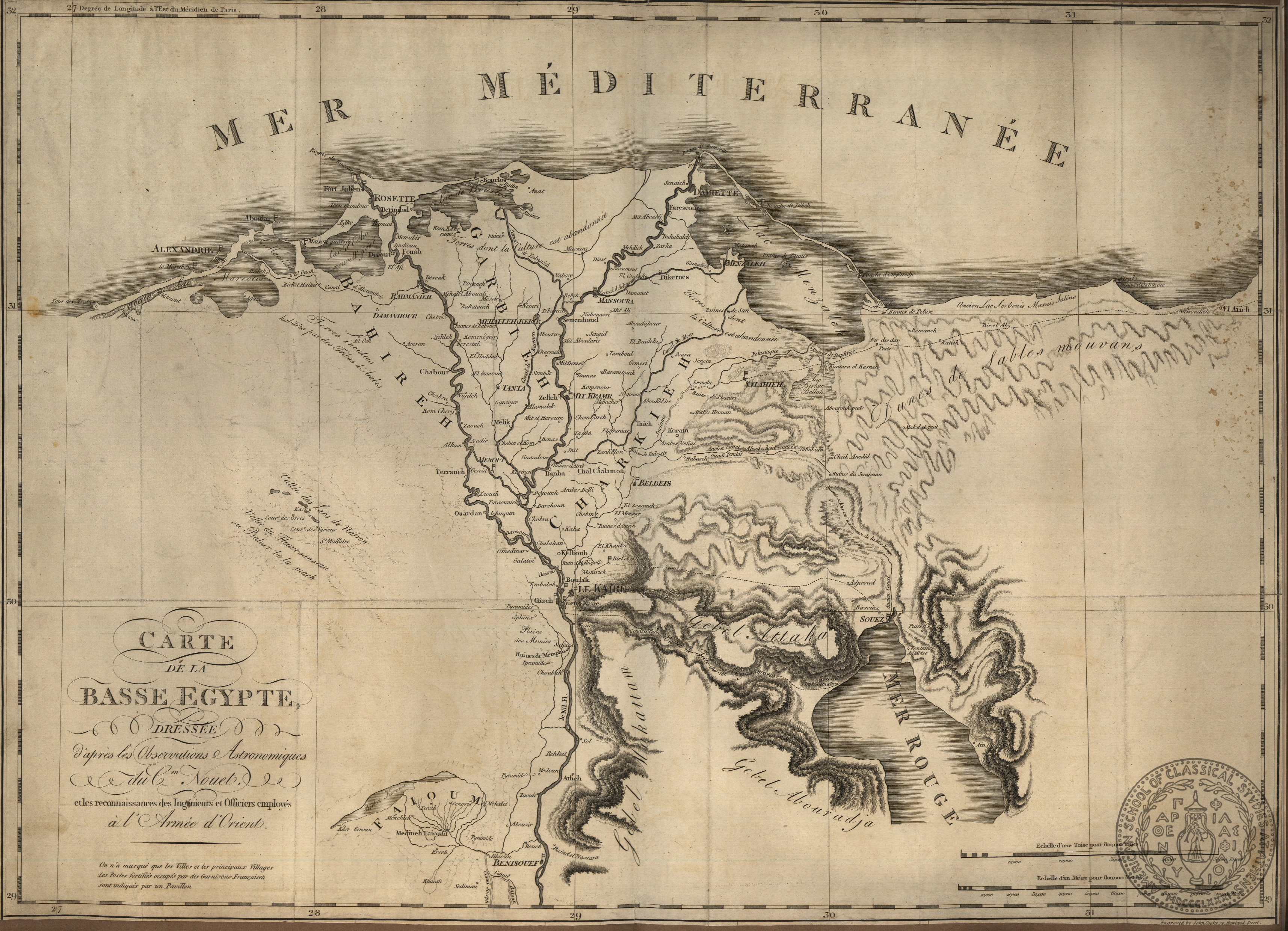 Carte de la Base Egypte dressée d' après les Observations astronomiques du C.en Nouet, et les reconnaissances des Ingenieurs et Officiers employes à l Armée d' Orient.